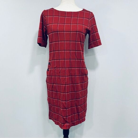 J. JILL XS Red Windowpane Ponte Knit Boatneck Sheath Dress Christmas Classic - Picture 1 of 15